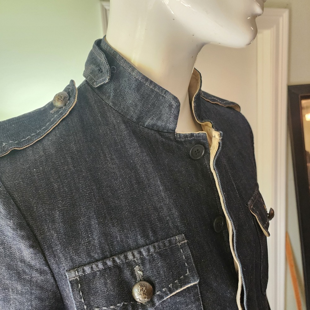 Mens Dark Wash Denim Military Field Jacket Stand Collar Epaulettes Navy Blue - Picture 3 of 14